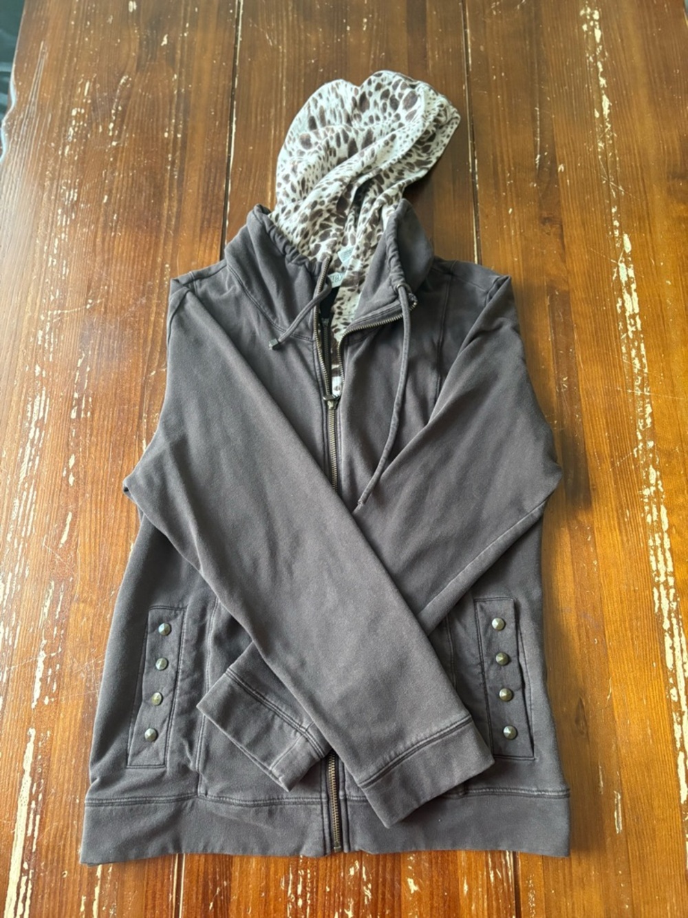 Zenergy Chico's Brown Hoodie with Leopard-Print Hood Lining